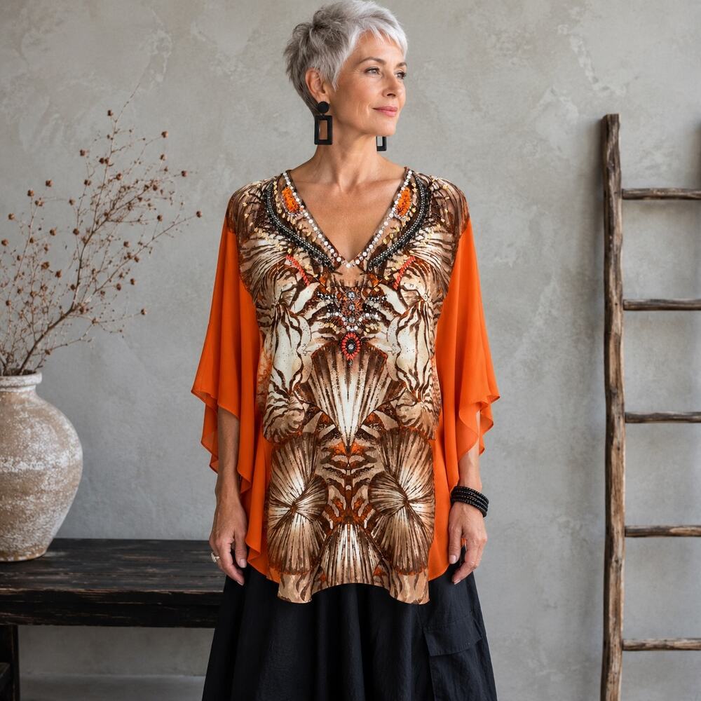 Chico's Orange Brown Beaded Poncho Top Small/Medium